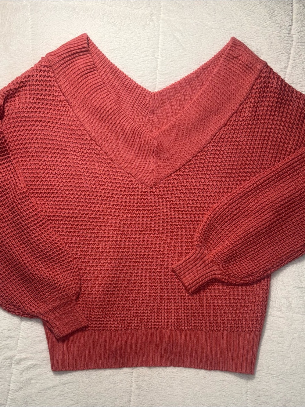Women's Zenana Premium Waffle V-Neck Pullover Sweater - Coral Pink Sz XS